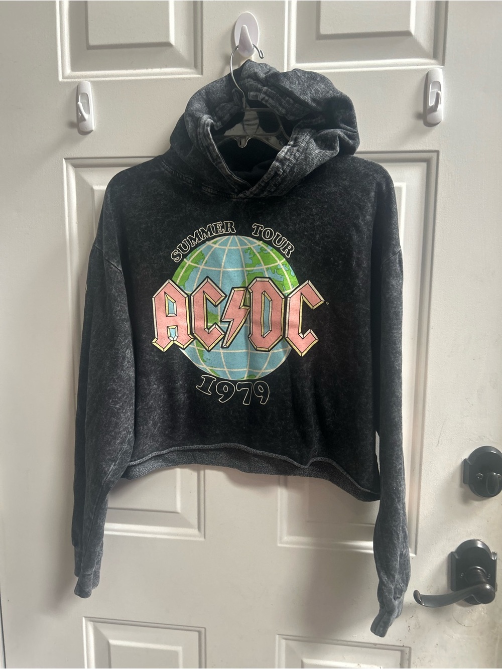 AC/DC Black Mineral Wash Cropped “Summer Tour 1079” Sweatshirt with Pink Logo
